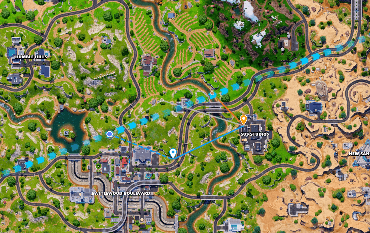 A trajectory drawn on the Fortnite map showing the bus path, glide line, and deploy marker.